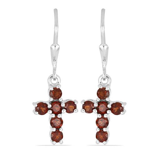 BUY REAL GARNET GEMSTONE CROSS EARRINGS IN 925 SILVER